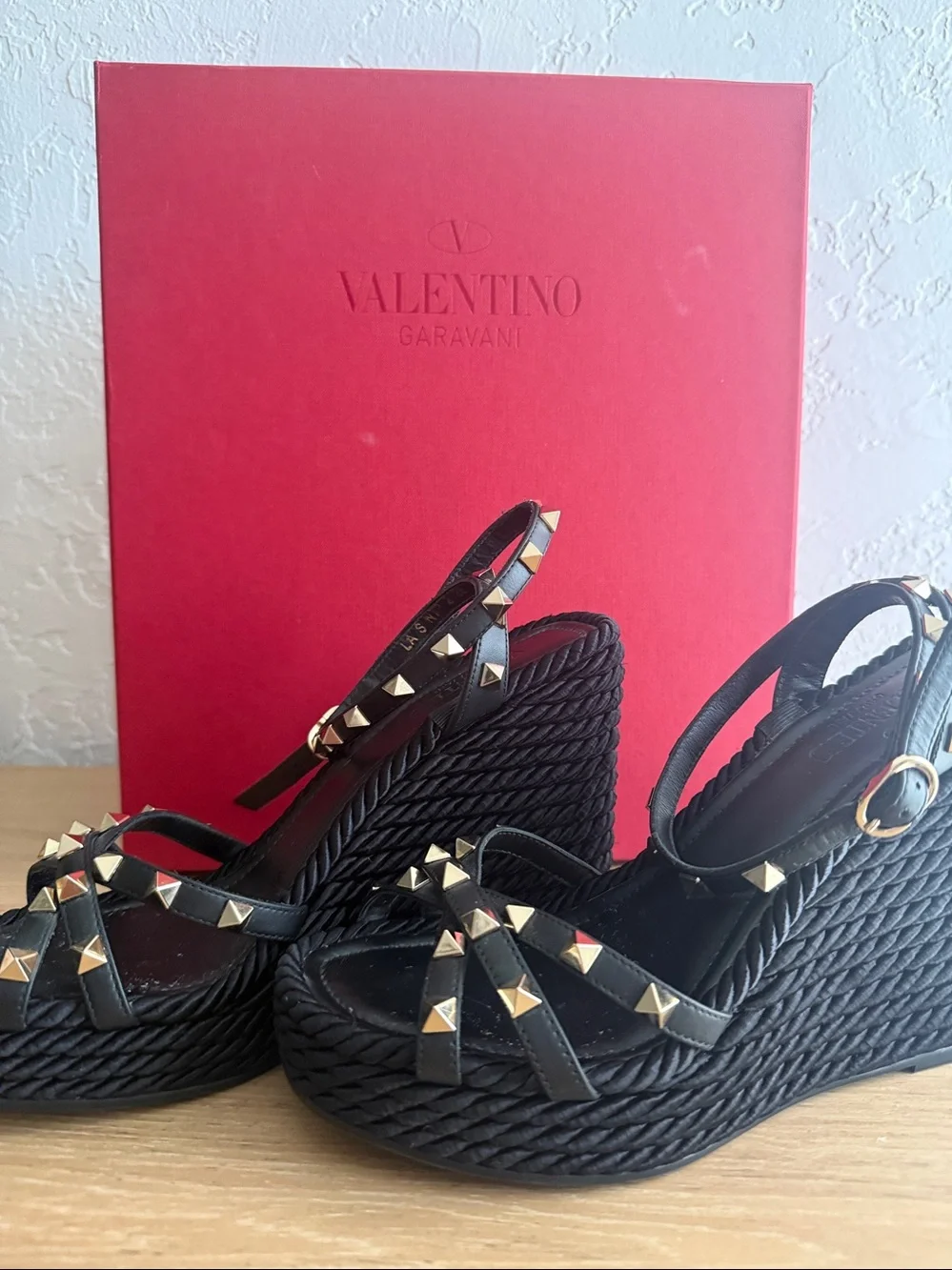 Valentino Black Wedge Sandals with Gold Pyramid Studs